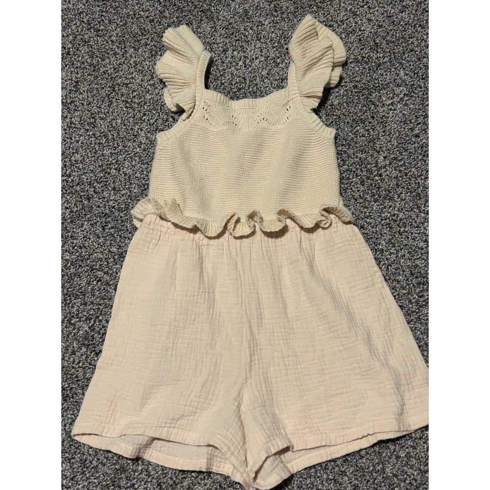 Cc34 Cupcakes and Cashmere Knit Gauze Romper Cream Ruffle Sleeveless Size S 5/6
